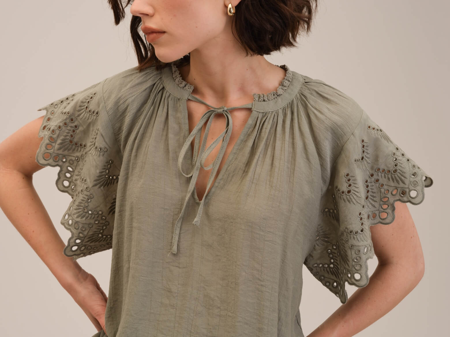 Embroidered Sleeve Tie Neck Top | Chelsea & Theodore | JANE + MERCER