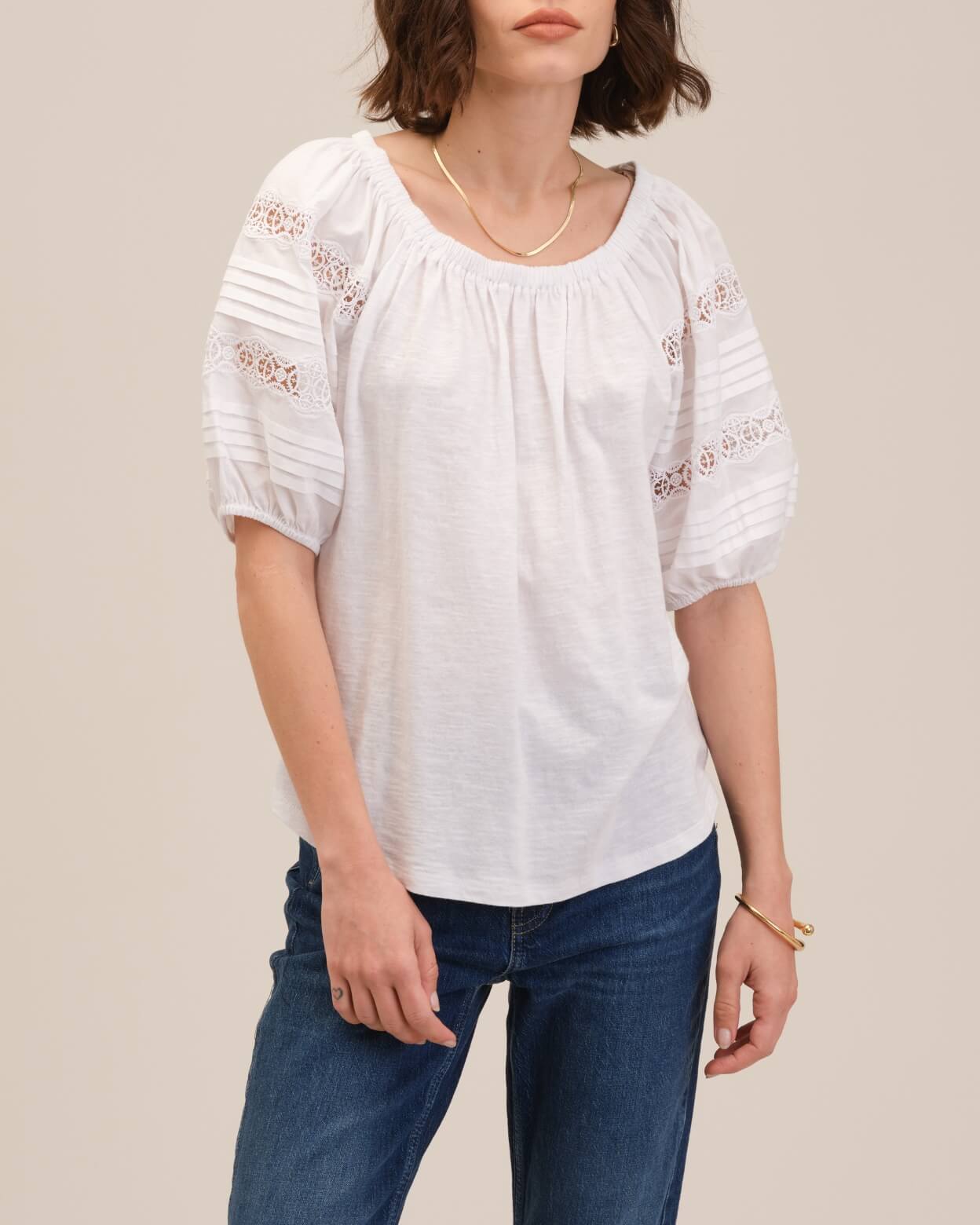Lace Pleated Puff Sleeve Jersey Top | Chelsea & Theodore | JANE + MERCER
