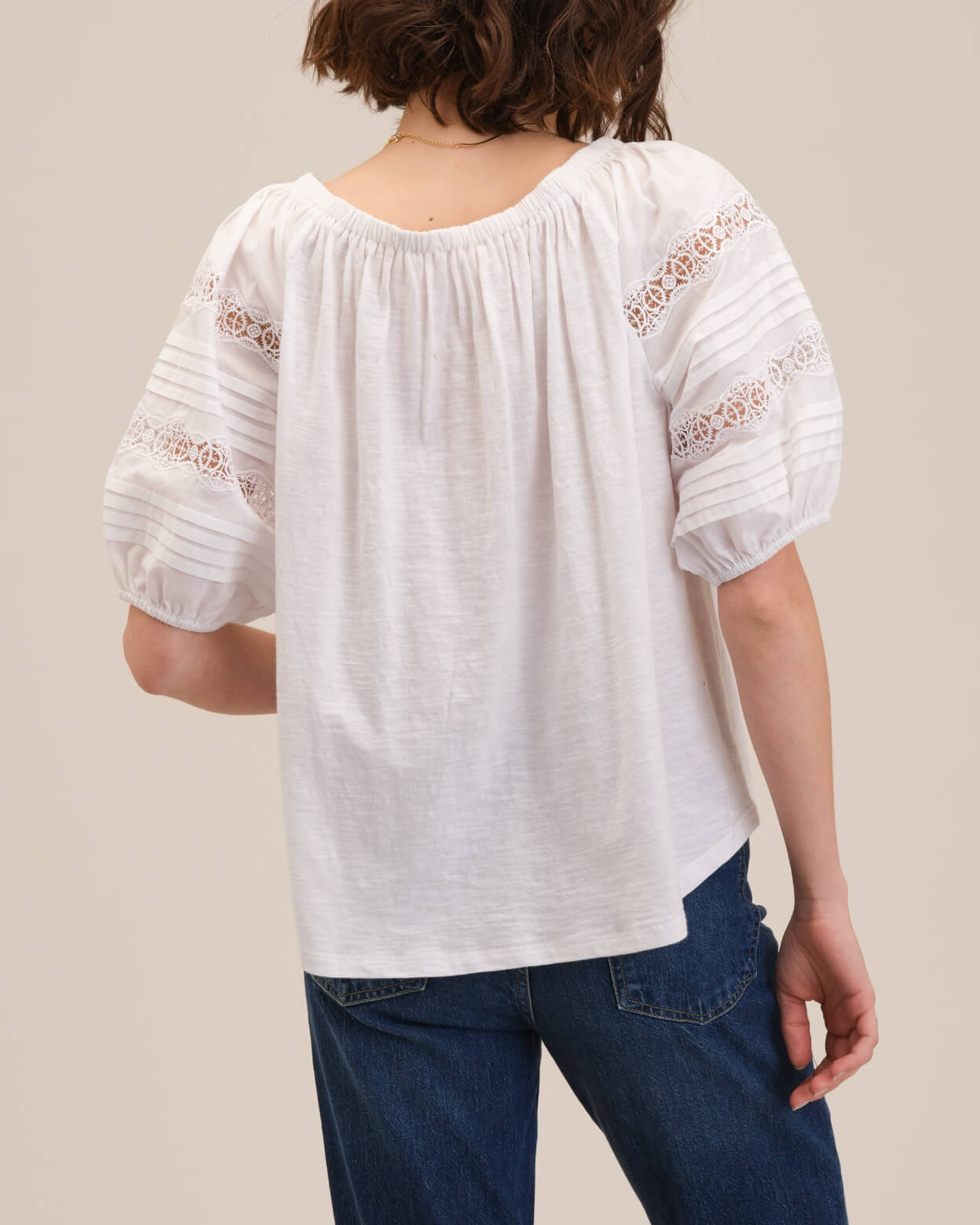 Lace Pleated Puff Sleeve Jersey Top | Chelsea & Theodore | JANE + MERCER