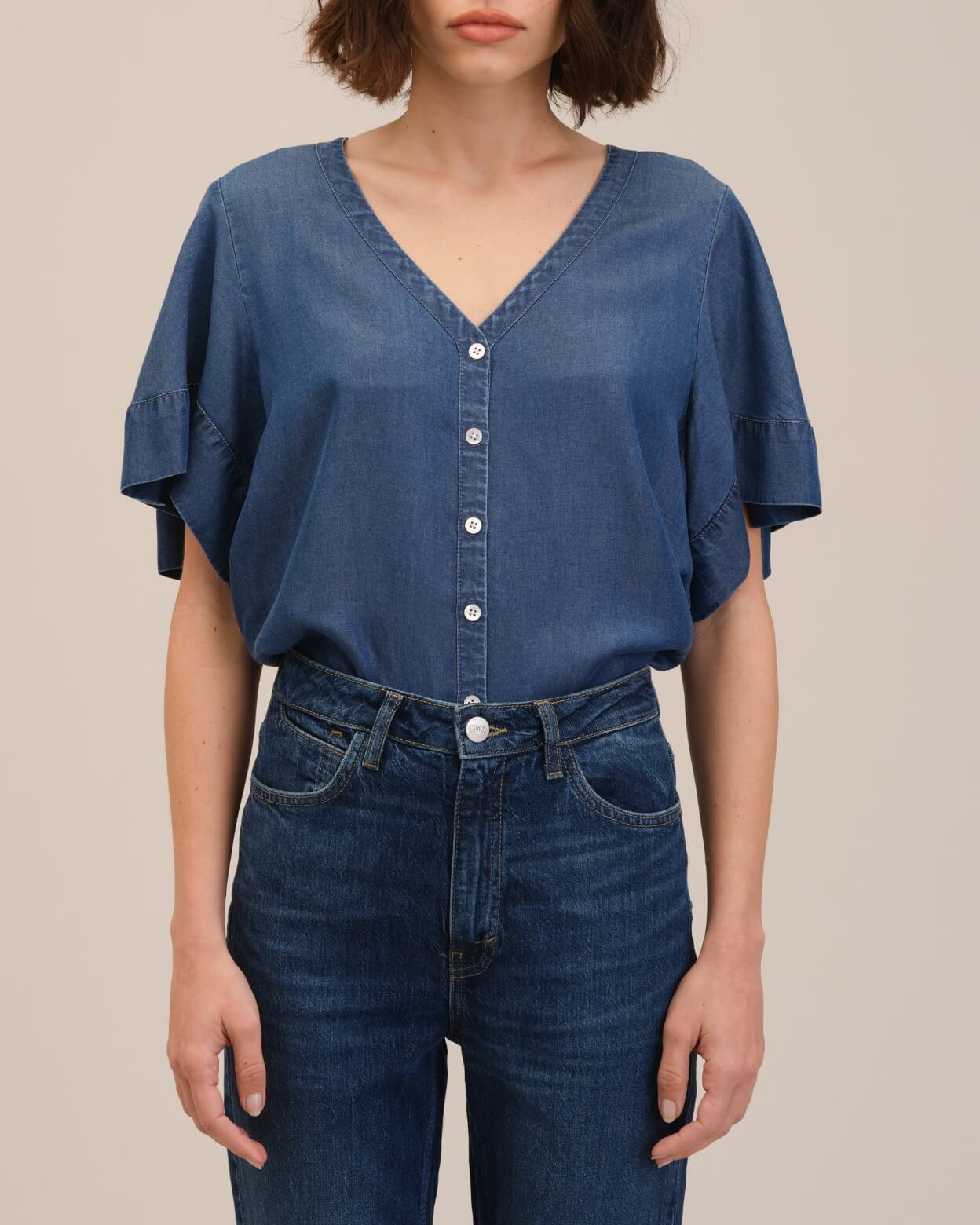 Flutter Sleeve Button Front Top | Chelsea & Theodore | JANE + MERCER