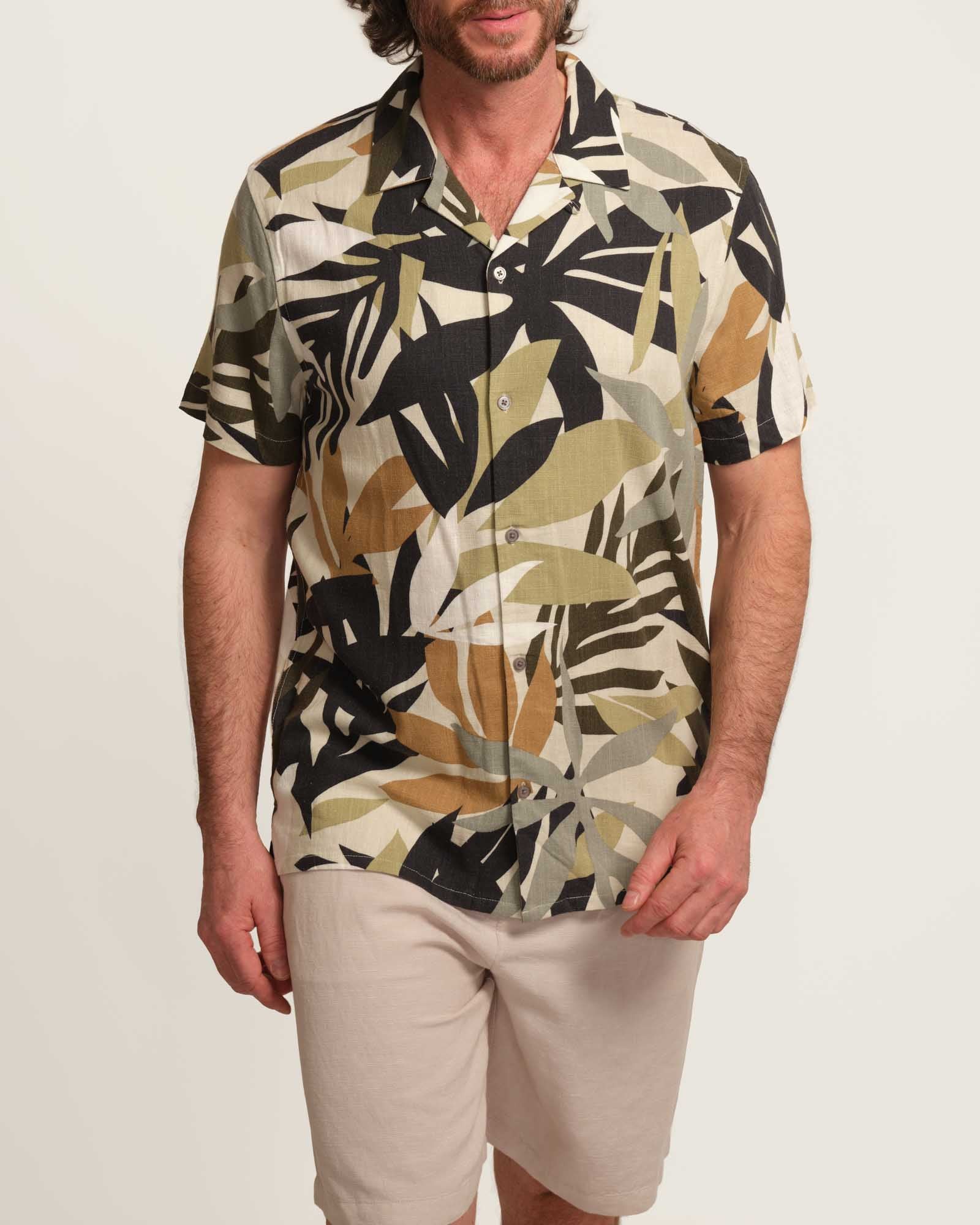Truth Men's Palm Print Stretch Linen Camp Shirt | JANE + MERCER