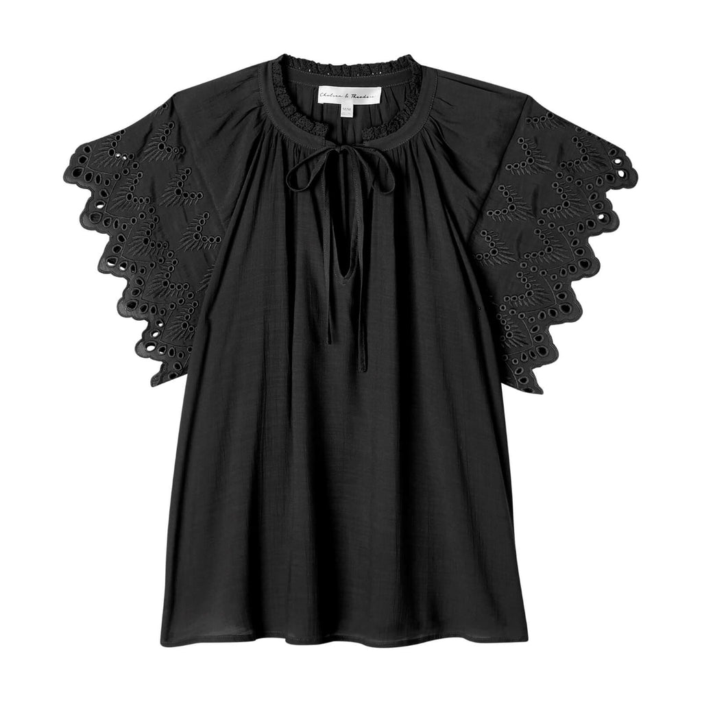 Embroidered Sleeve Tie Neck Top, Jet Black | Chelsea & Theodore