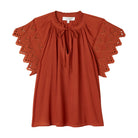 Embroidered Sleeve Tie Neck Top, Ginger Bread | Chelsea & Theodore