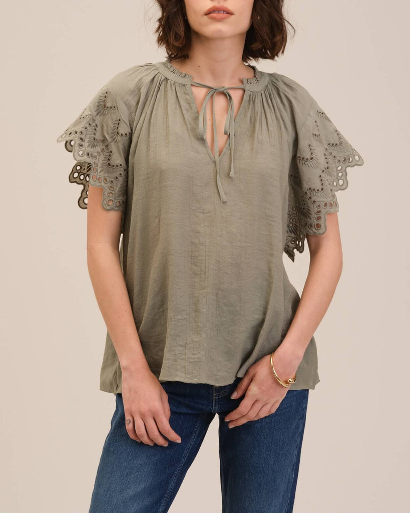Embroidered Sleeve Tie Neck Top, Sage | Chelsea & Theodore