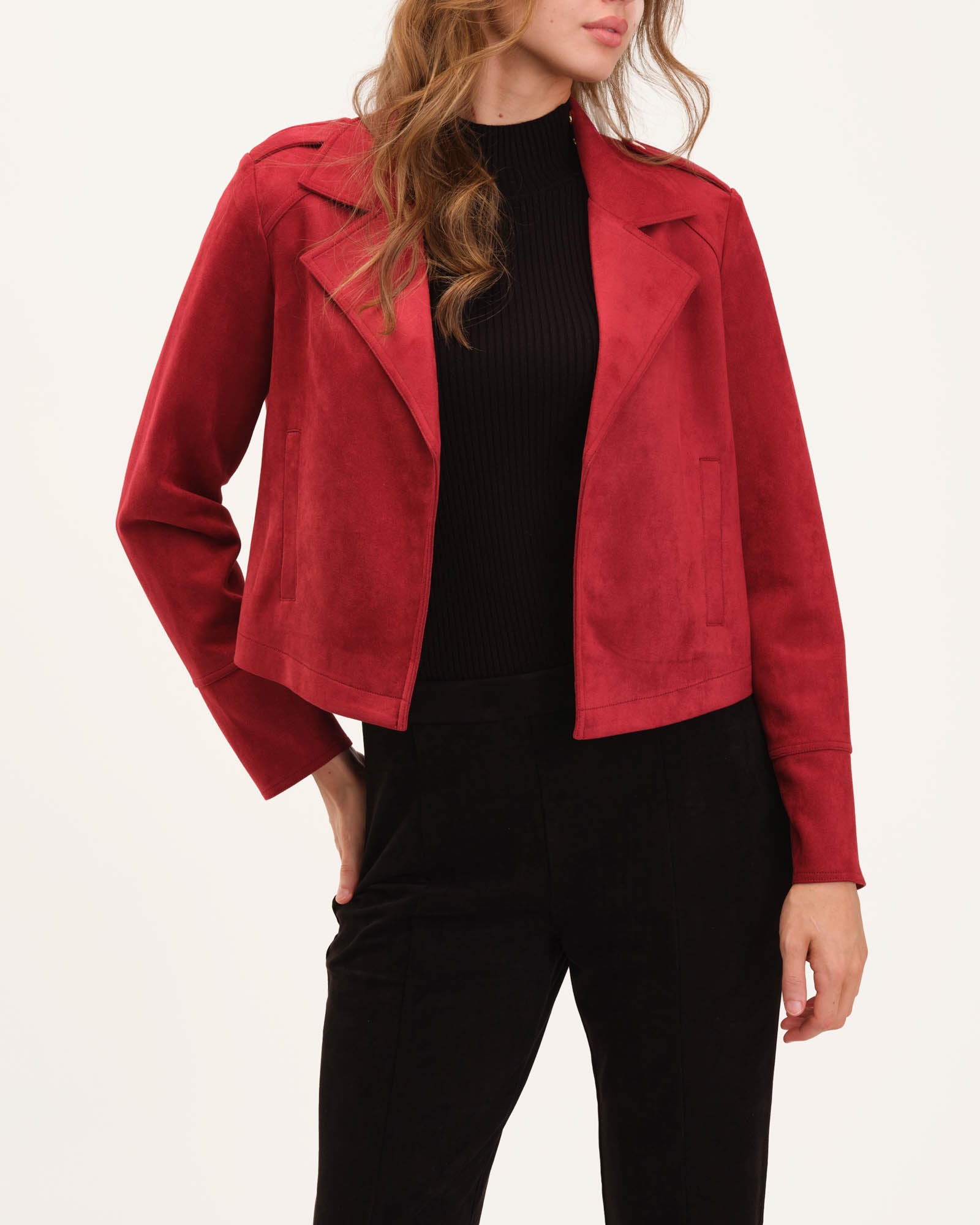 Faux Suede Open Front Moto Jacket, Red Kiss | Philosophy