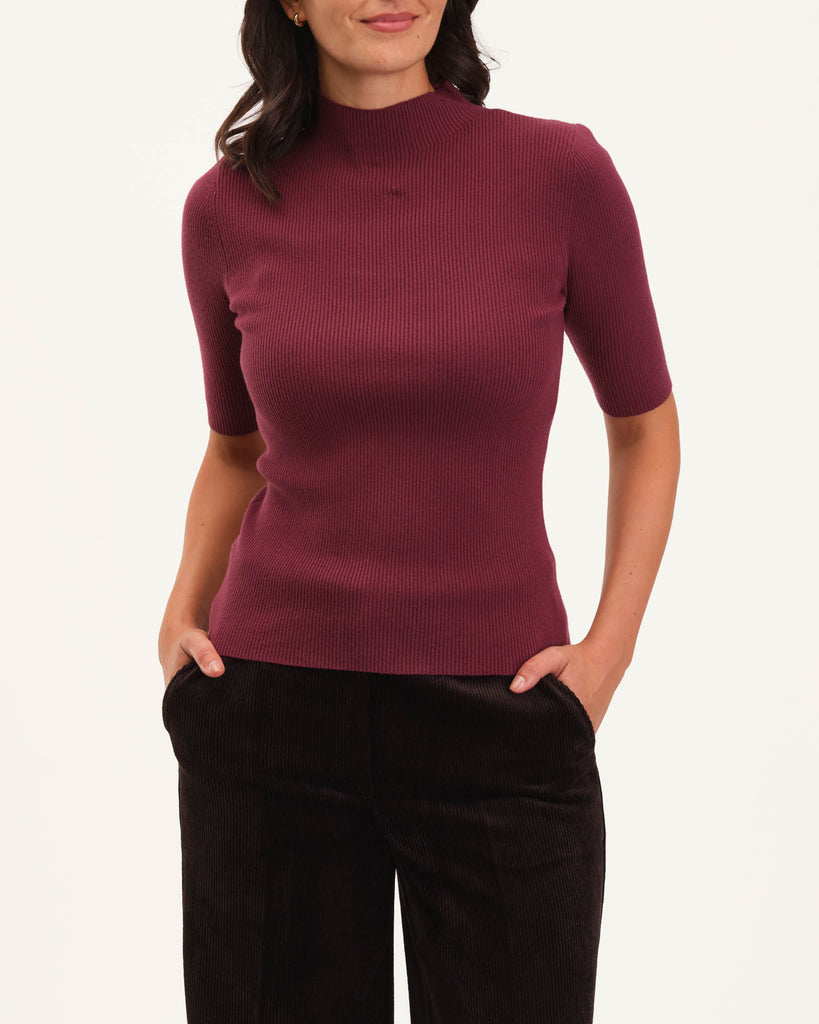 Funnel Neck Elbow Sleeve Pullover Sweater, Currant Jam | Philosophy