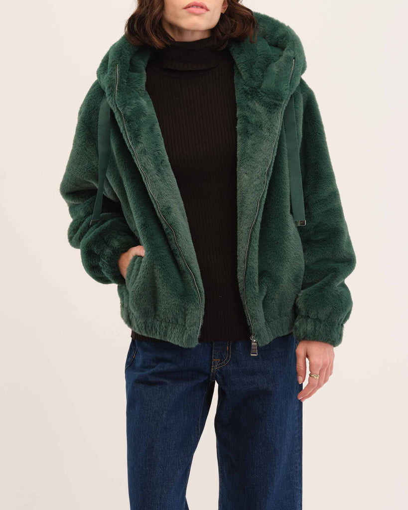 Faux Fur Front Zip Hoodie Jacket, Pine Green | Philosophy