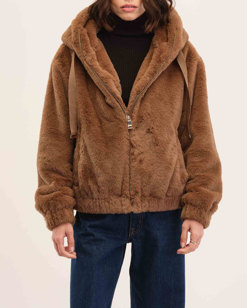 Faux Fur Front Zip Hoodie Jacket, Toffee | Philosophy