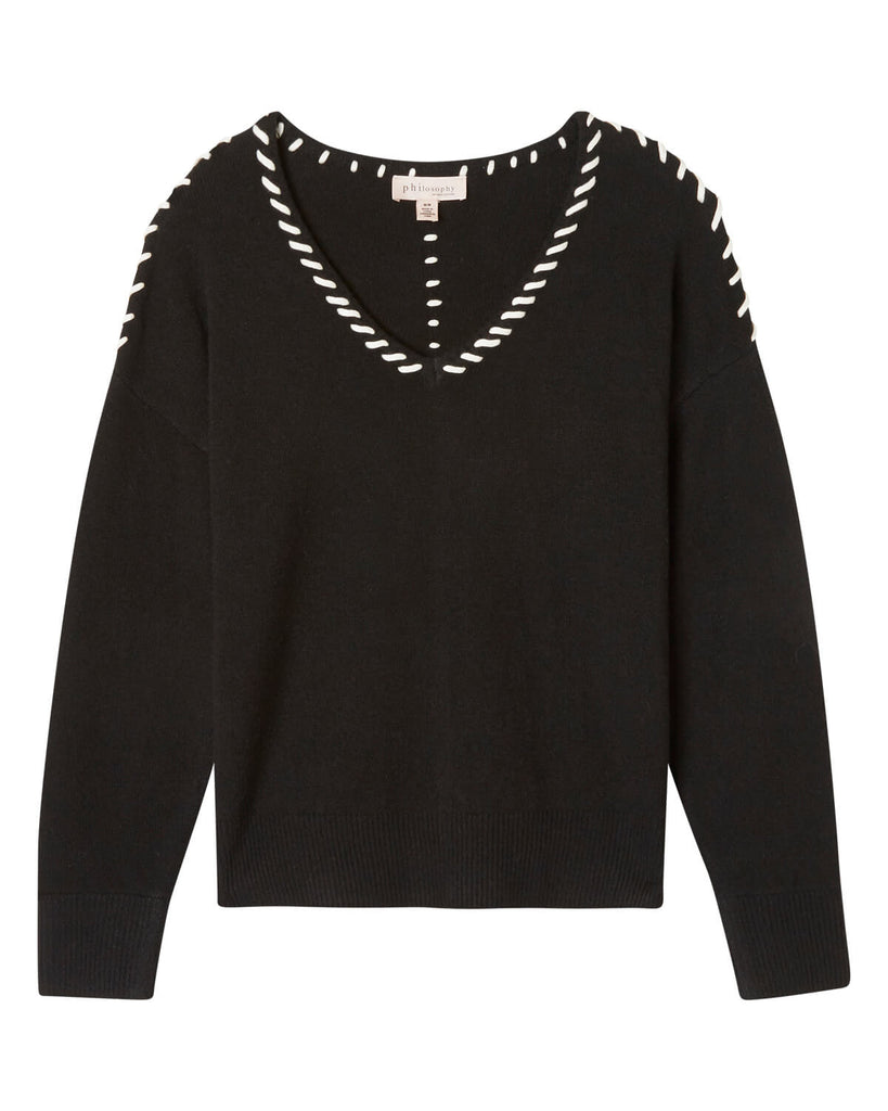 Whipstitch V-Neck Pullover Sweater, Black/Ivory | Philosophy