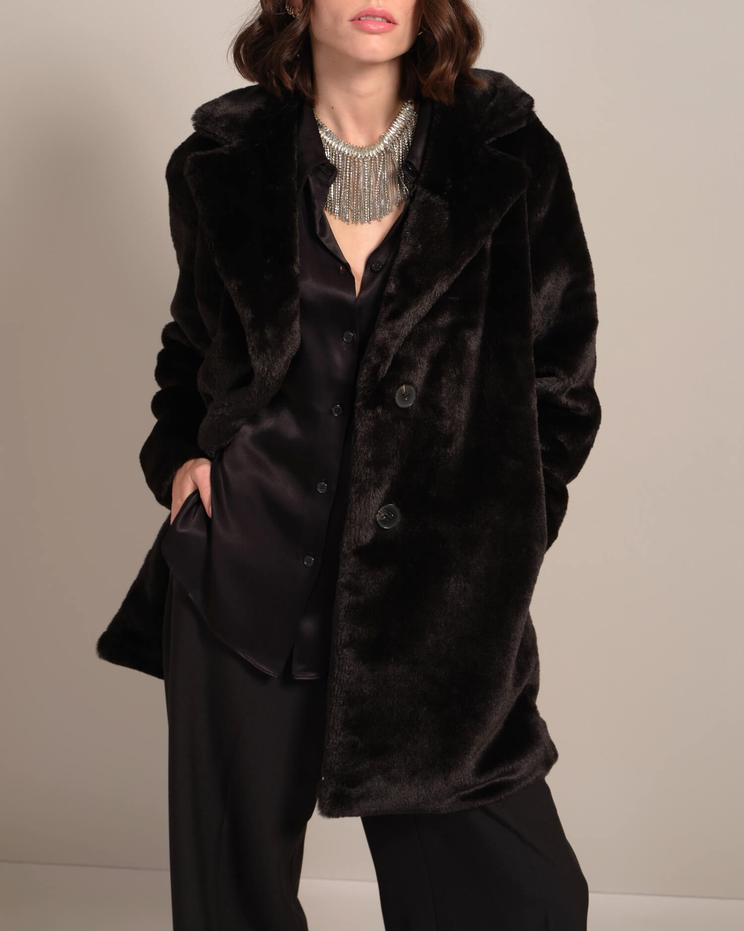 Faux Fur Button Coat, Black | Philosophy