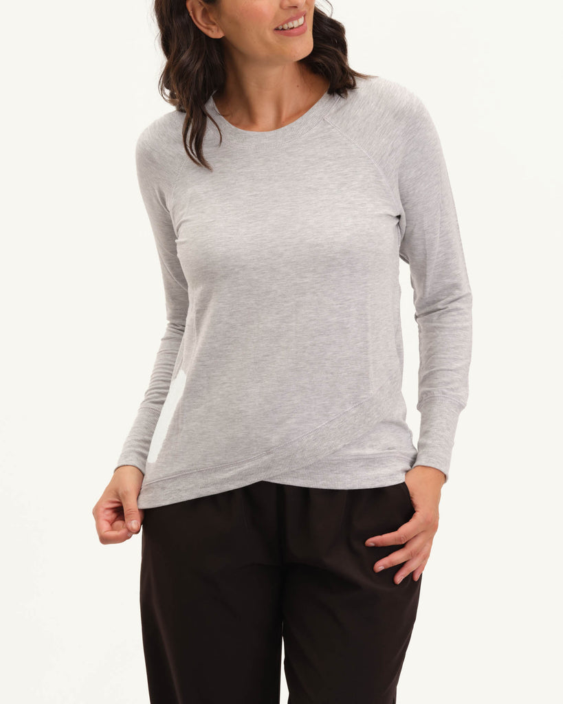 Overlapping Hem Crew Neck French Terry Top, Heather Grey | Workshop
