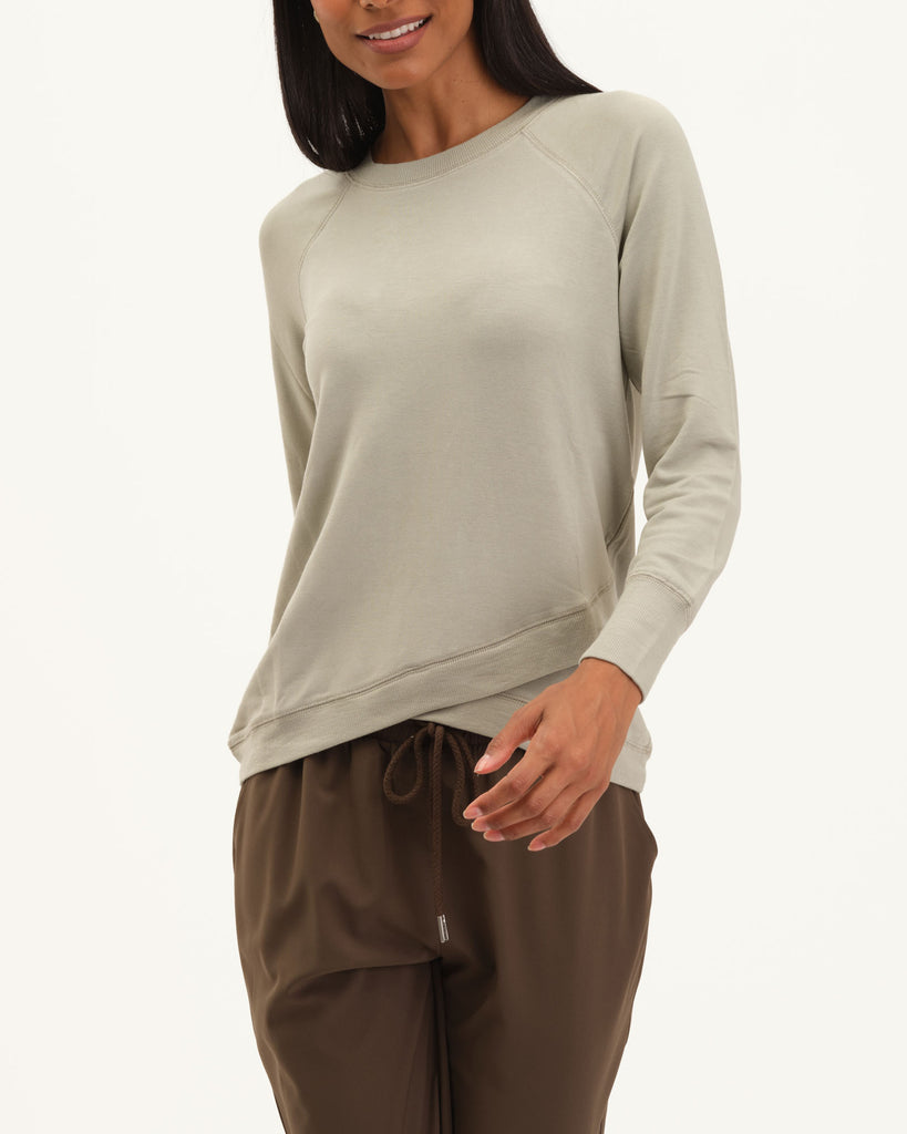 Overlapping Hem Crew Neck French Terry Top, Sage | Workshop