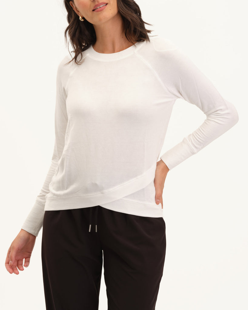 Overlapping Hem Crew Neck French Terry Top, White Star|  Workshop