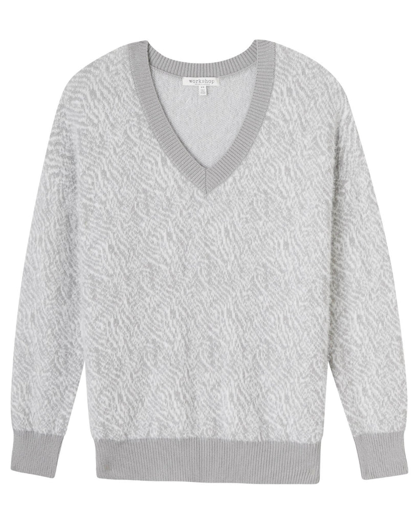 V-Neck Eyelash Birdseye Sweater, Grey/Ivory | Workshop
