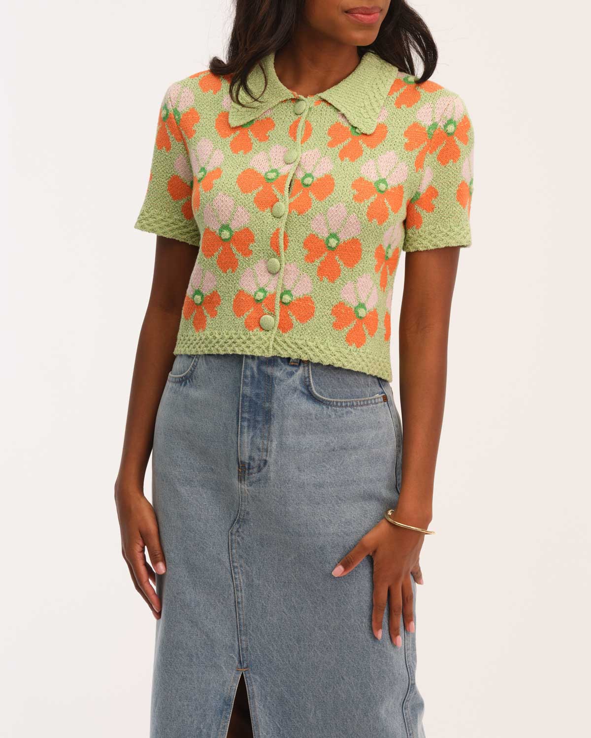 Industry Women s Short Sleeve Jacquard Polo Cardigan Lime Orange Xs