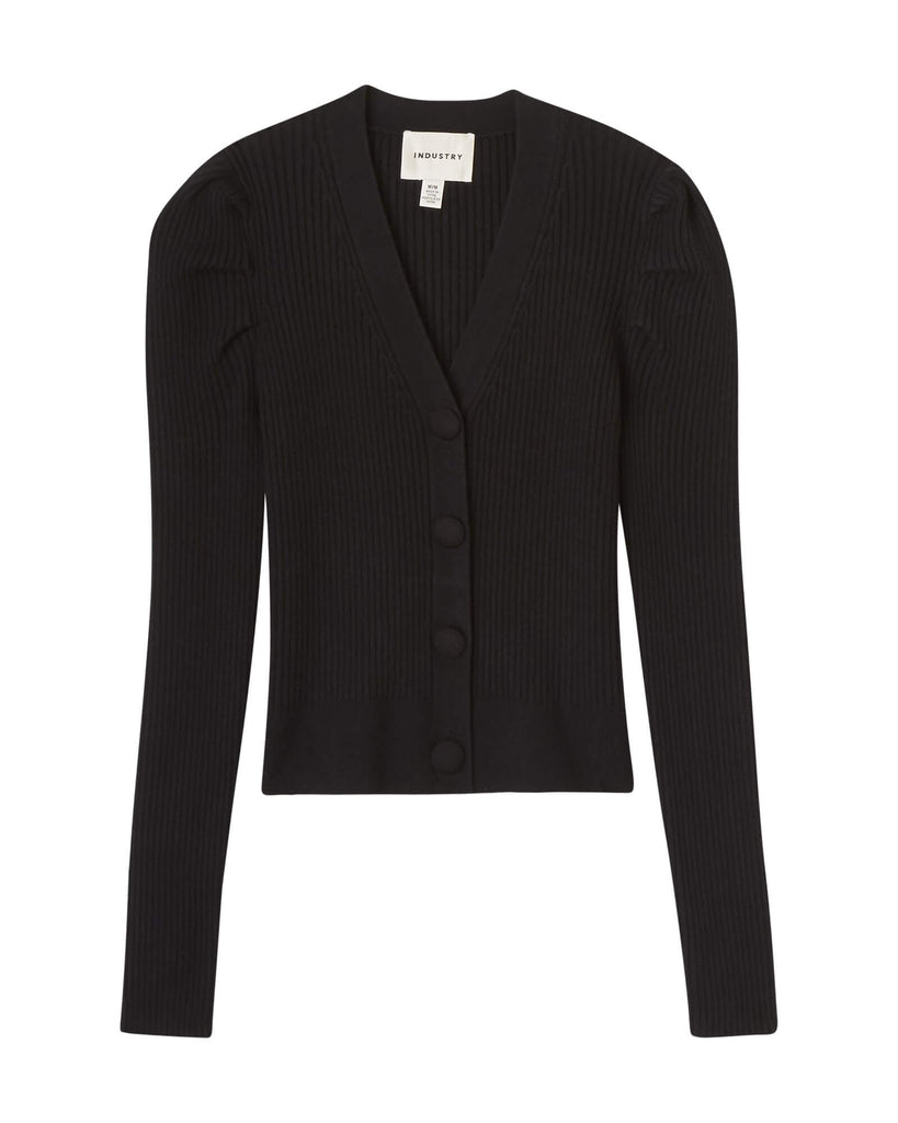 Puff Sleeve Button Front Cardigan, Black | Industry