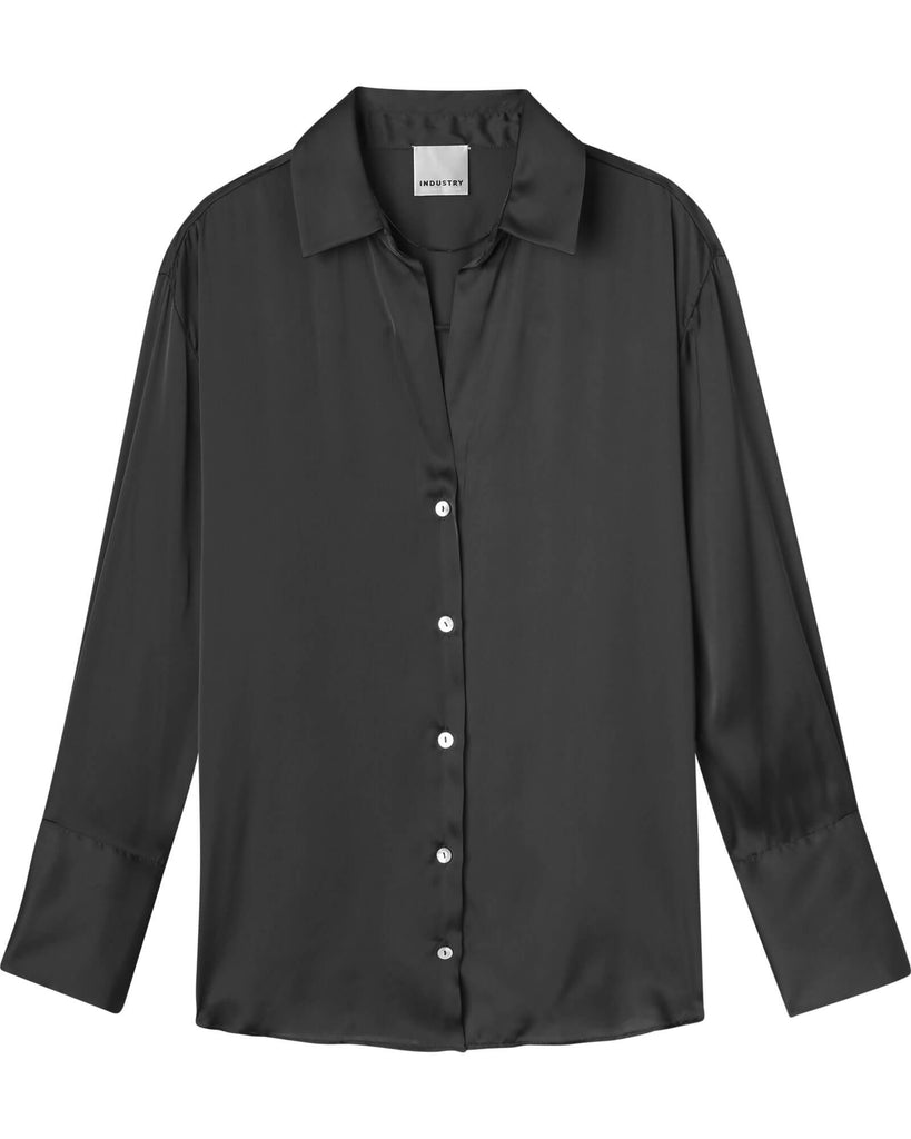 Satin Open Neck Flowy Shirt, Black | Industry