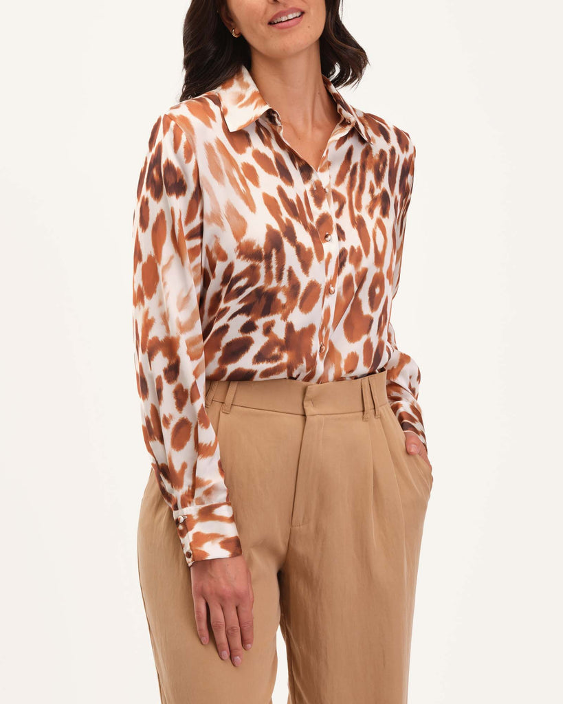 Shirttail Hem Animal Print Collared Shirt, Caramel Leopard | Industry