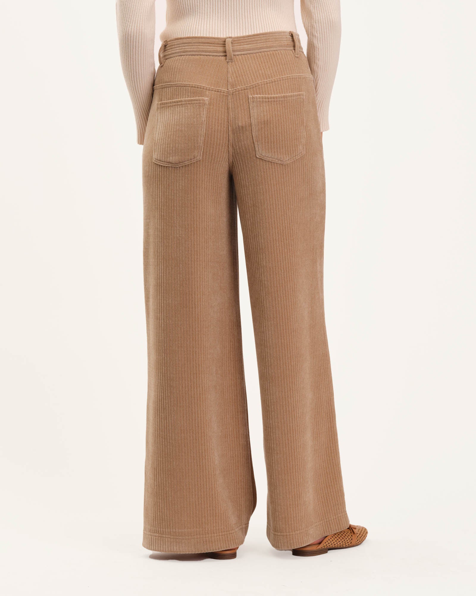 Long beige two-tone high-waist corduroy pants - Compañía Fantástica