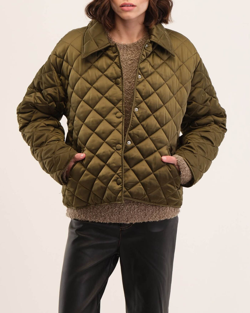 Snap Front Quilted Padded Jacket, Olive | Industry