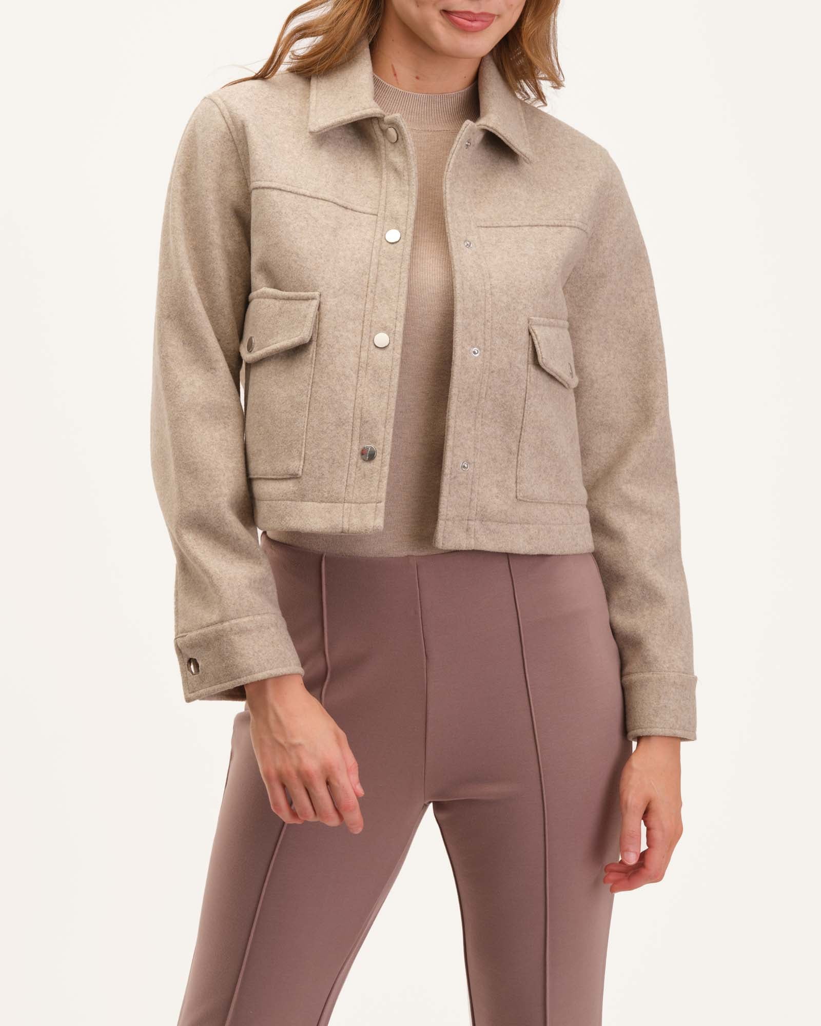 Cropped Button Front Soft Jacket, Oatmeal Heather | Industry