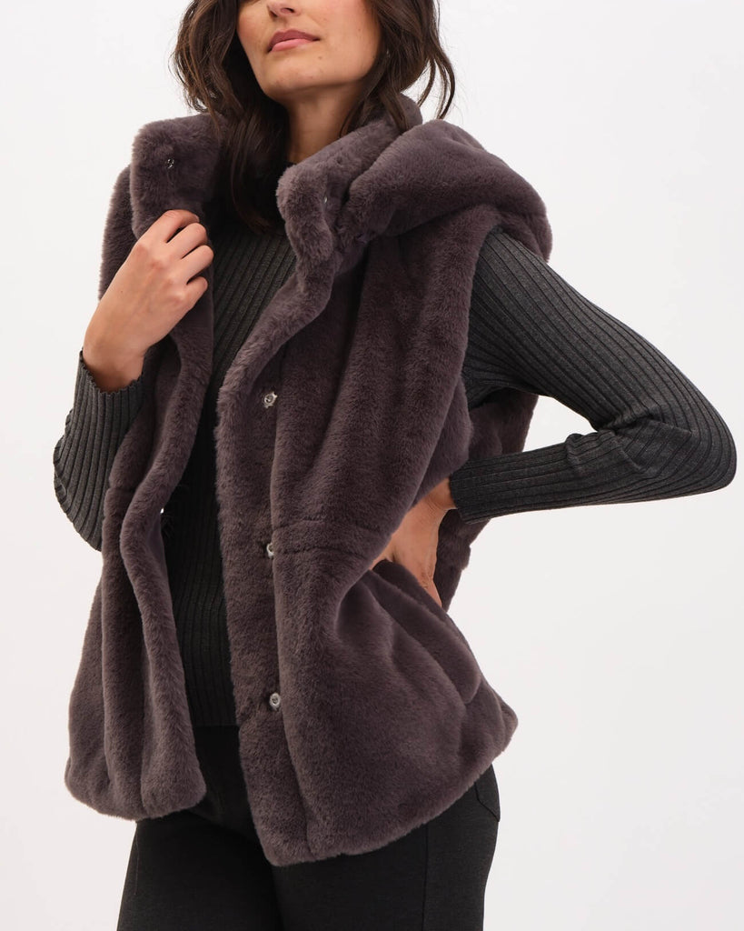 Faux Fur Snap Front Hooded Vest, Grey | Industry