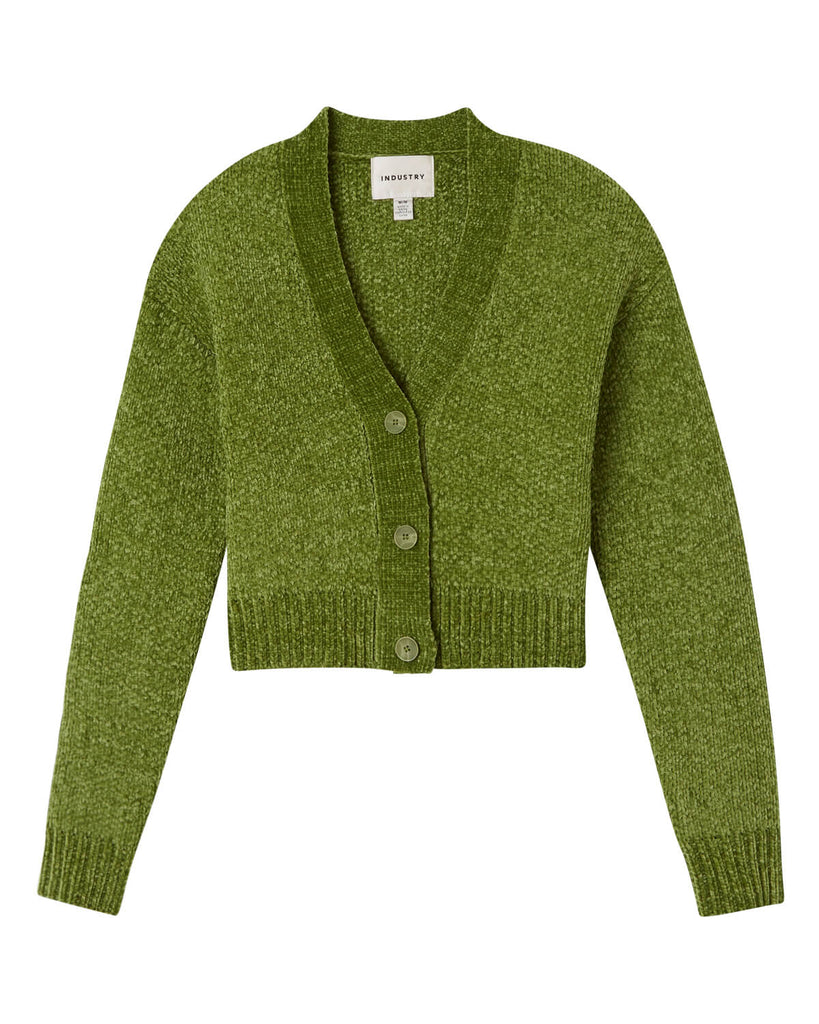 V-Neck Button Front Cropped Chenille Cardigan, Matcha | Industry
