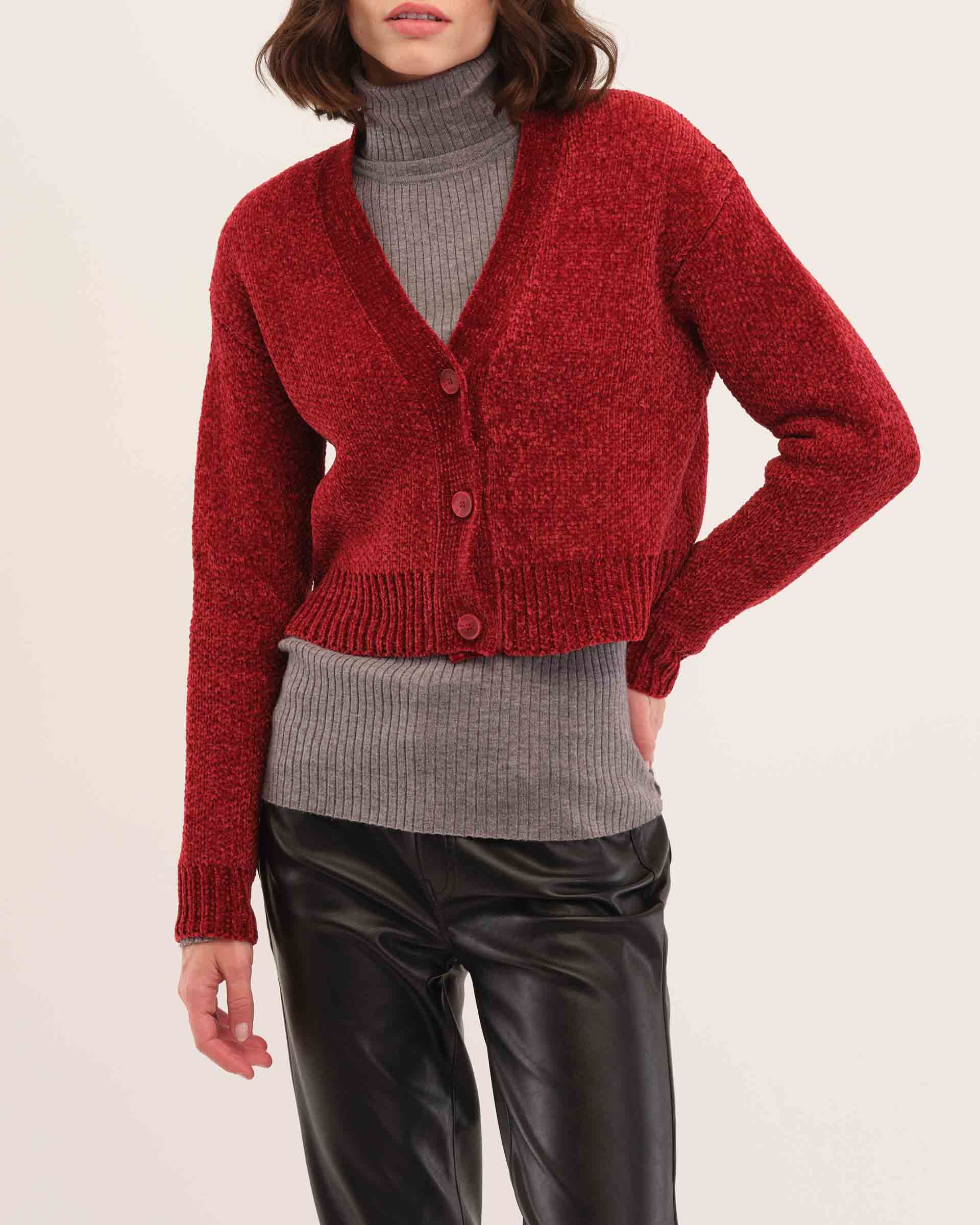 V-Neck Button Front Cropped Chenille Cardigan, Cranberry | Industry