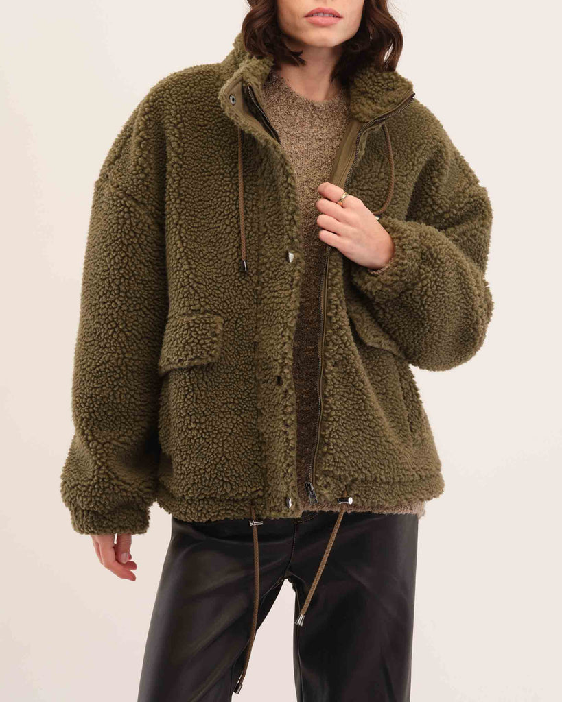 Zip Front Sherpa Jacket, Olive | Chelsea & Theodore