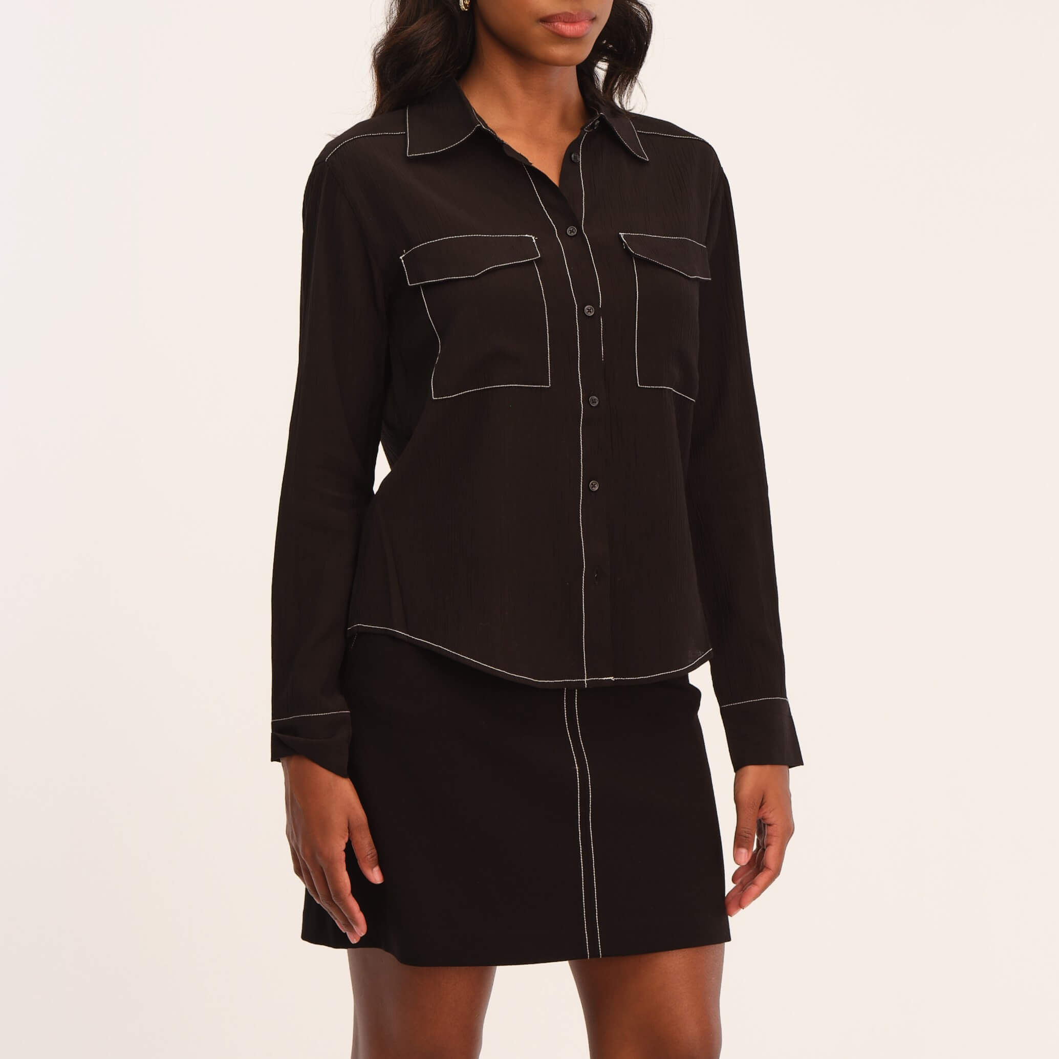 Industry Women's Contrast Topstitched Collared Shirt | JANE + MERCER