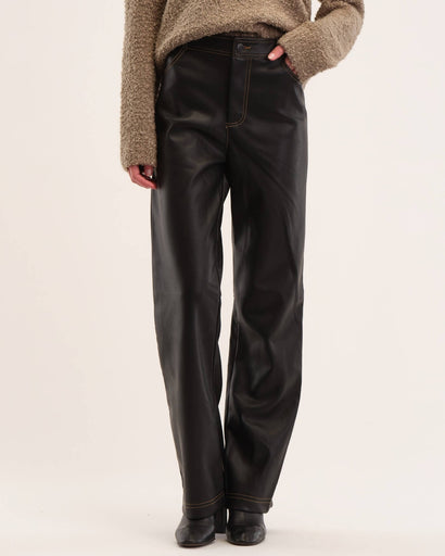 Straight Leg Faux Leather Fly Front Pant, Black | Industry