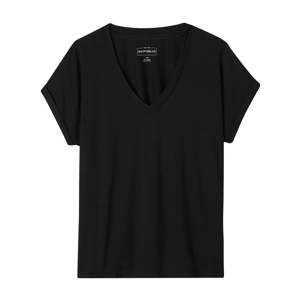 Women's Rolled Sleeve V-Neck Tee, Black | For The Republic