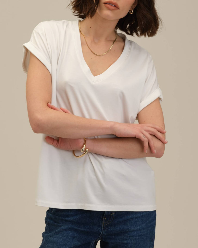 Women's Rolled Sleeve V-Neck Tee, Porcelain | For The Republic