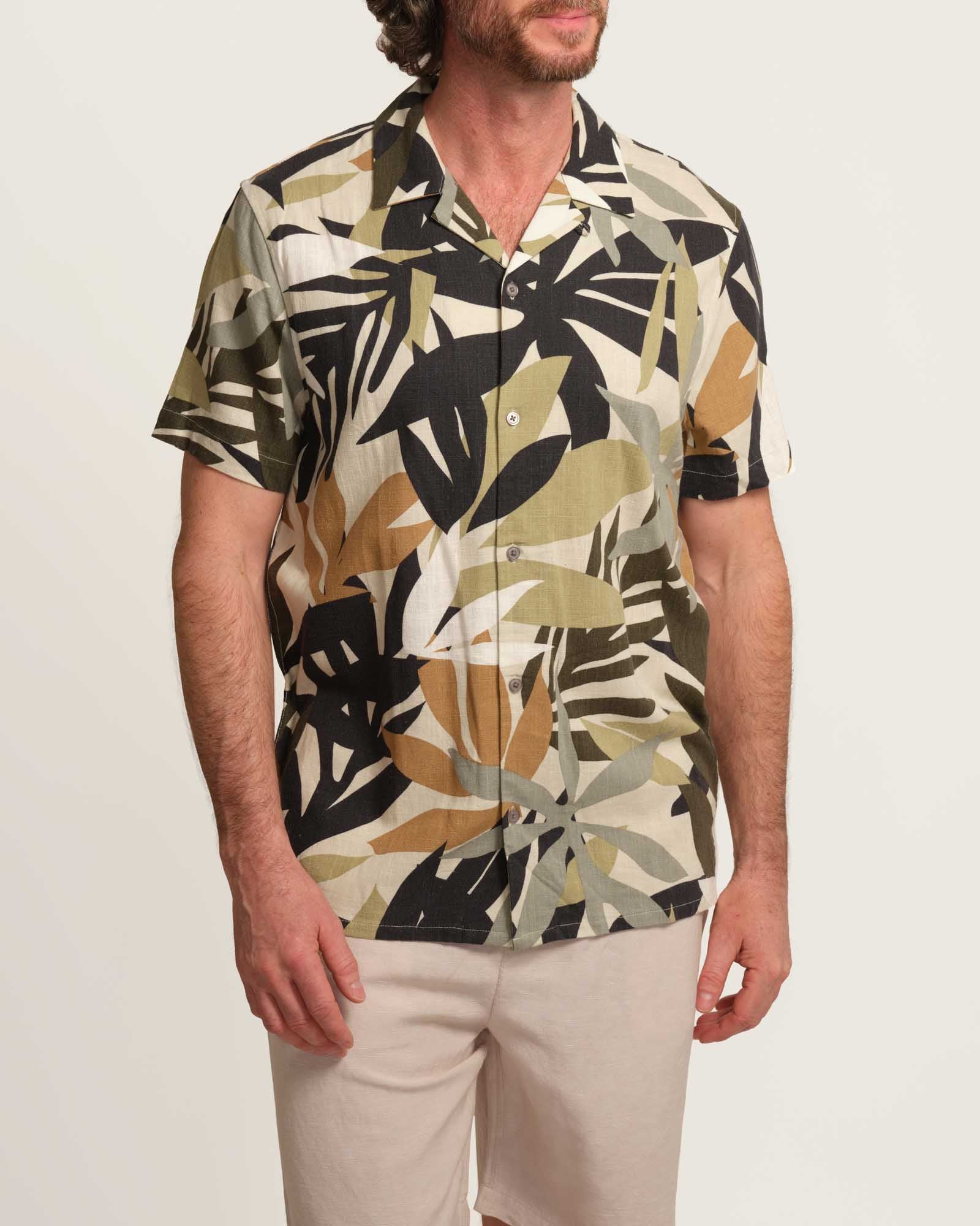 Shop Truth Men's Palm Print Stretch Linen Camp Shirt | JANE + MERCER