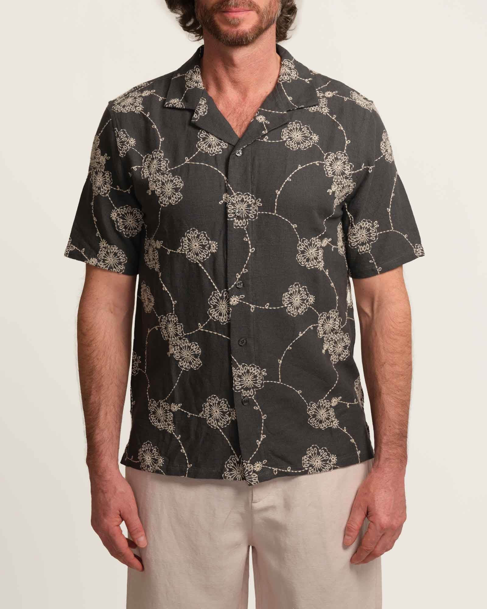 Truth Men's Heather Grey Floral Embroidered Camp Shirt | JANE + MERCER