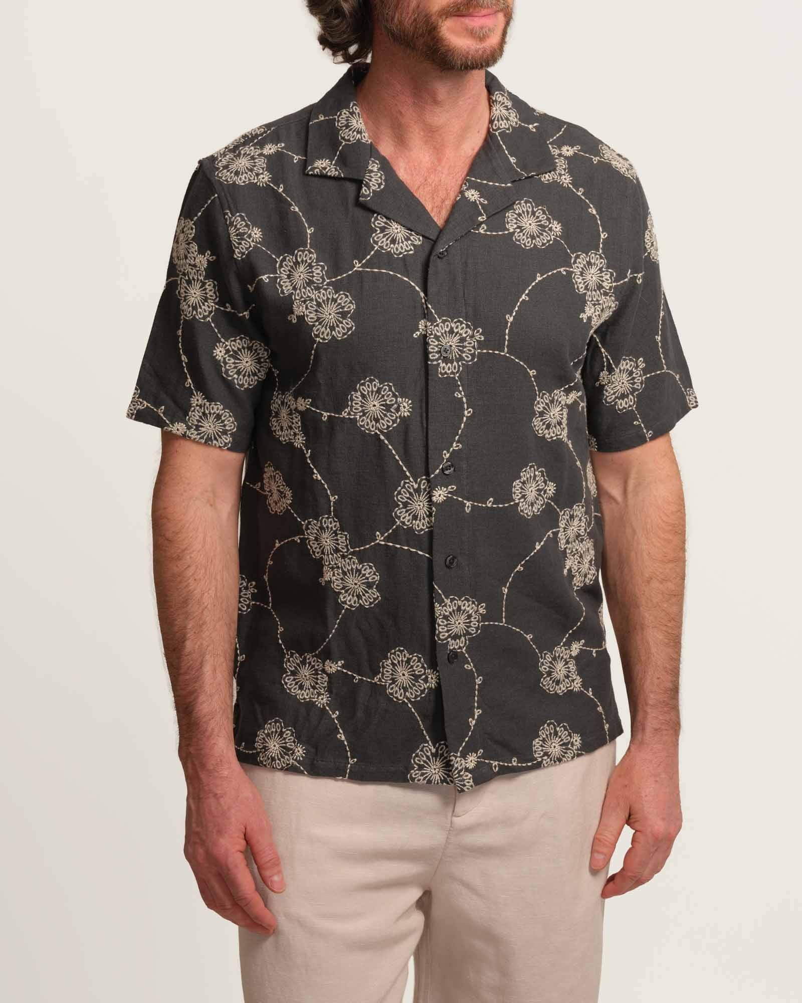 Truth Men's Heather Grey Floral Embroidered Camp Shirt | JANE + MERCER