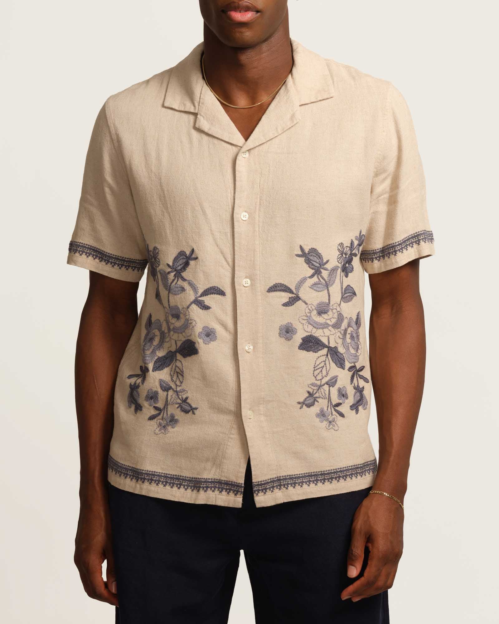 Shop Truth Men's Sand Blue Embroidered Camp Shirt | JANE + MERCER