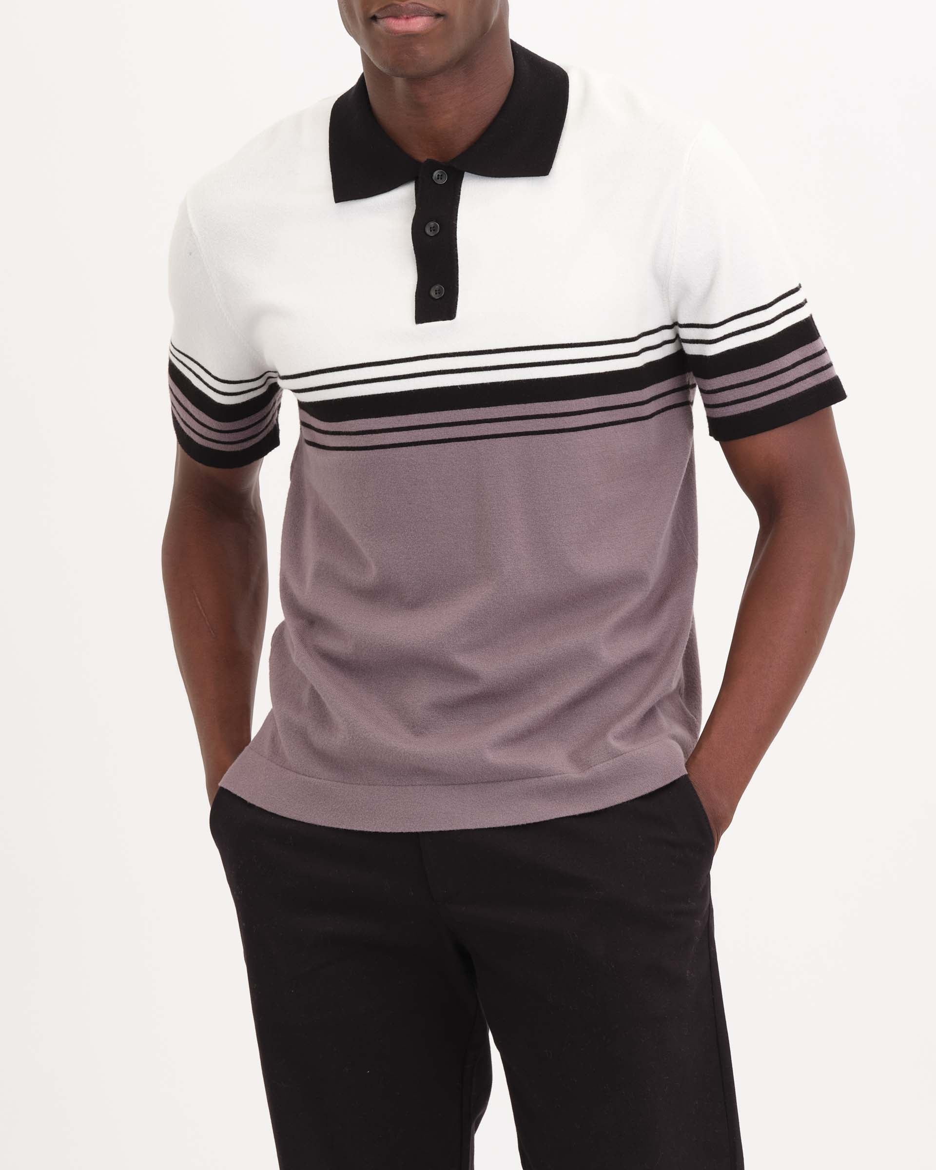 Short Sleeve Striped Polo Sweater, Beige/Black/Grey | Truth Men's