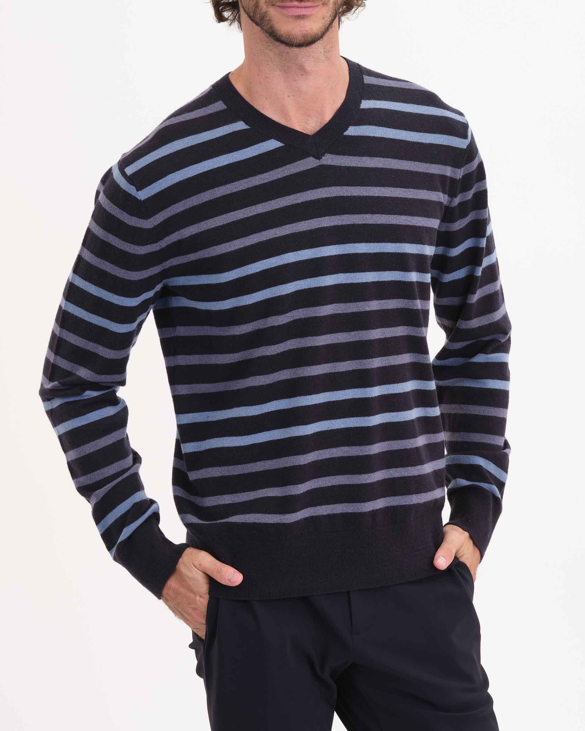 Men's V-Neck Tricolor Stripe Sweater, Navy Combo | Truth Men's