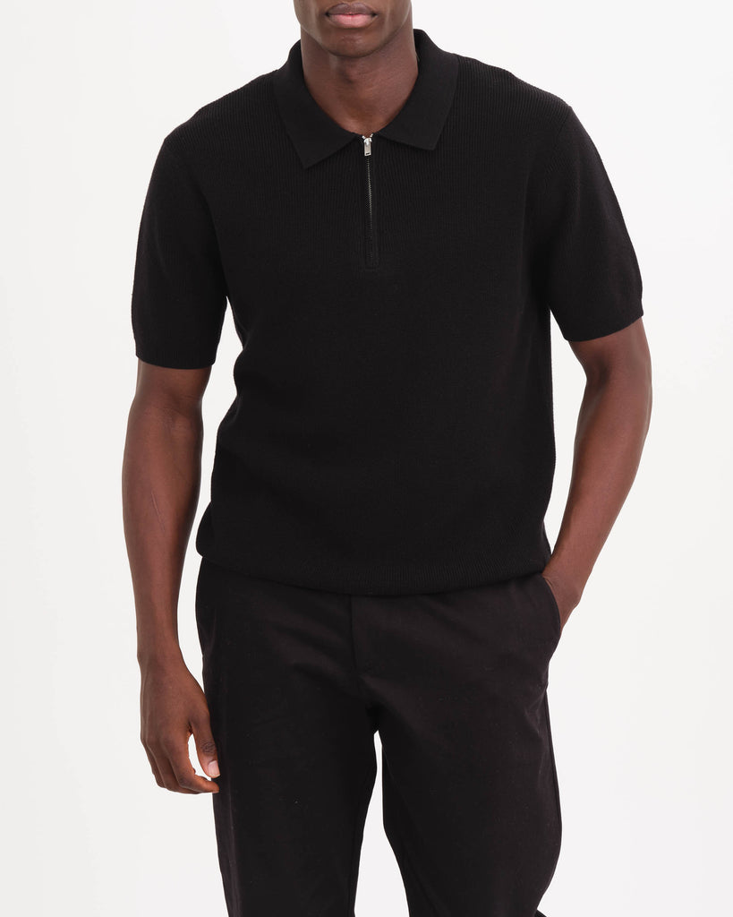 Men's Quarter Zip Rib Polo Cotton Pullover, Black | Truth Men's