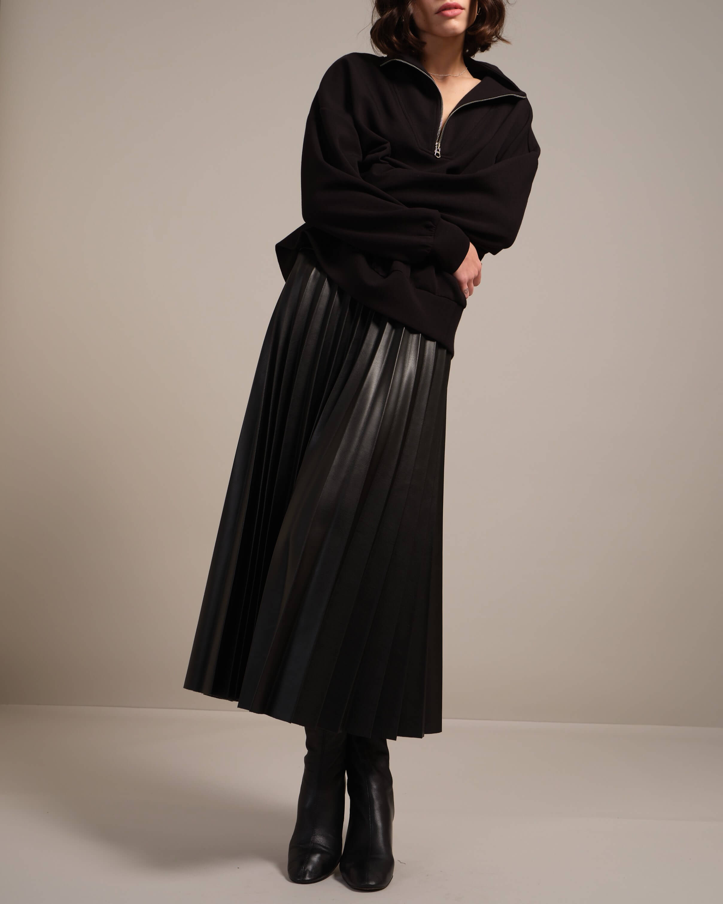 Shop Faux Leather Pleated Midi Skirt | Truth | JANE + MERCER