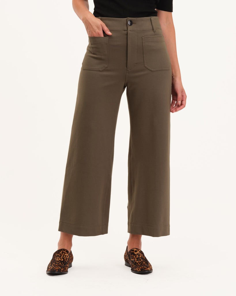 Button Front Cropped Wide Leg Ponte Pant, Olive | Truth