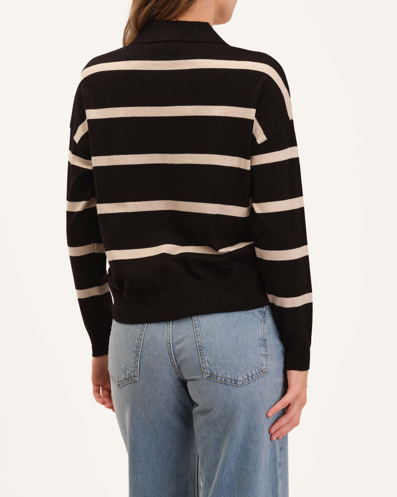 Drop Shoulder Polo Collar Sweater, Black/Cashew Heather | Truth