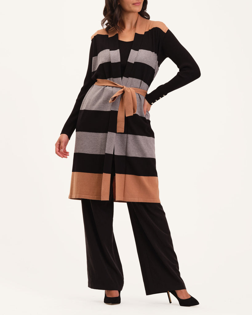 Sleeveless Waist Tie Shawl Cardigan, Black/Grey/Camel | Truth