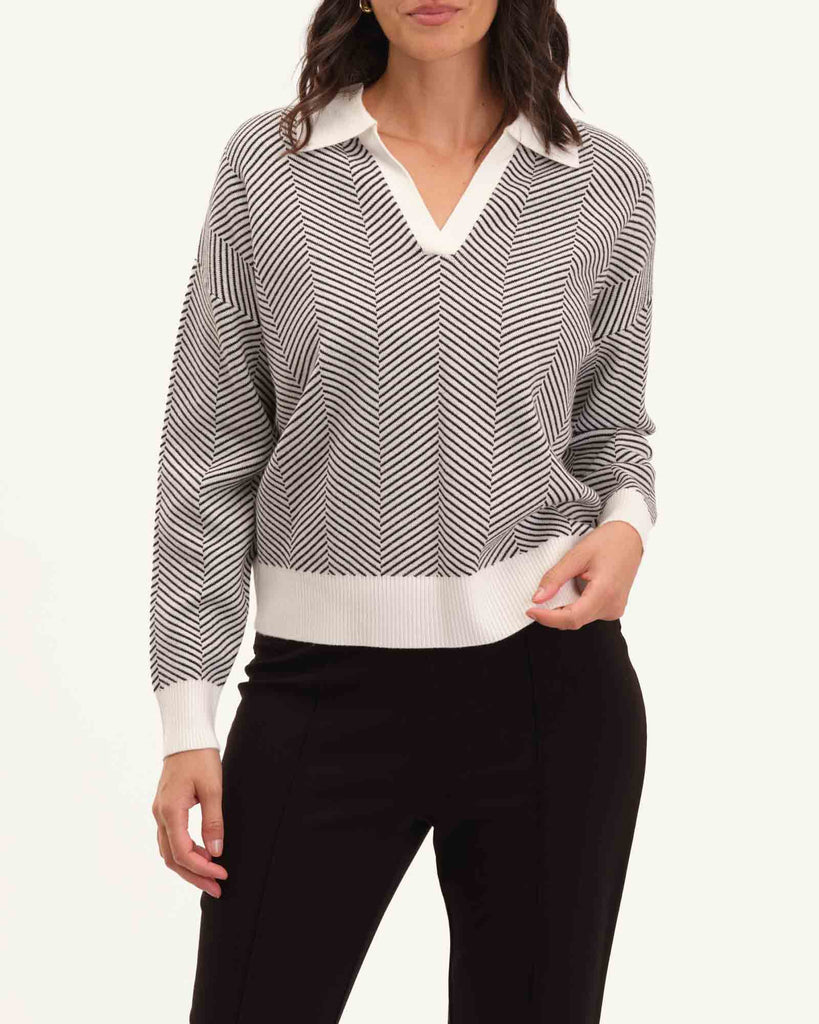 Women Drop Shoulder V-Neck Sweater Polo, Black/Ivory | Truth
