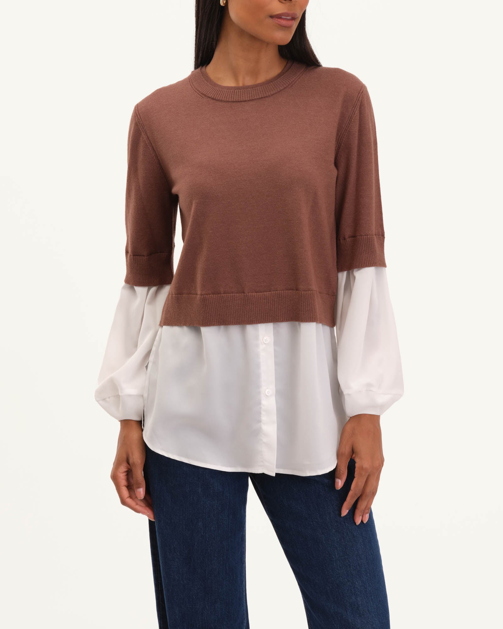 Truth Women Double Crewneck Twofer Sweater, Coffee Heather/Ivory