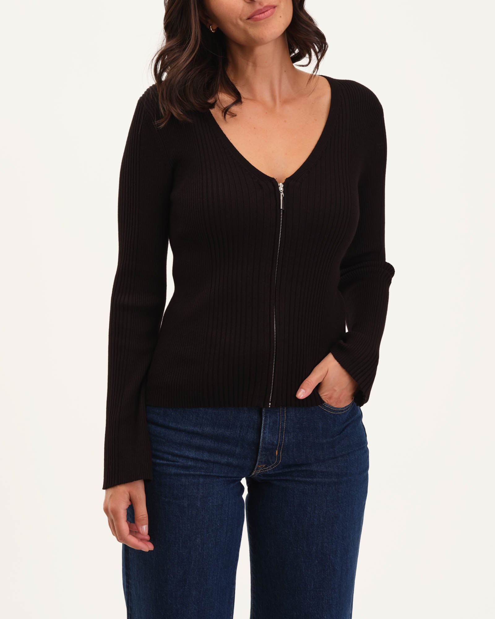 Flare Sleeve Zip-Up Sweater Top, Black | Truth