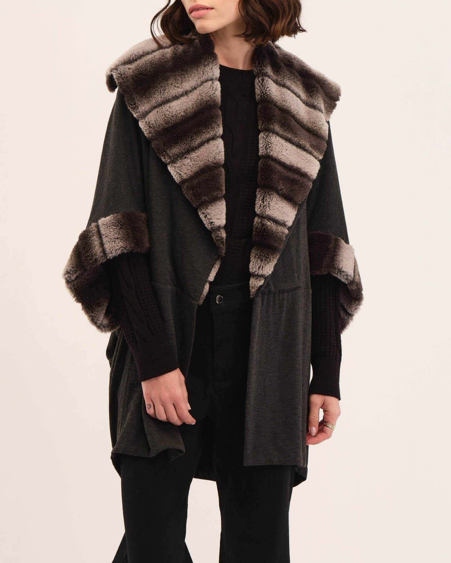 Open Front Knit Raglan Coat with Faux Fur Trim, Black/Grey | Carmen Marc Valvo