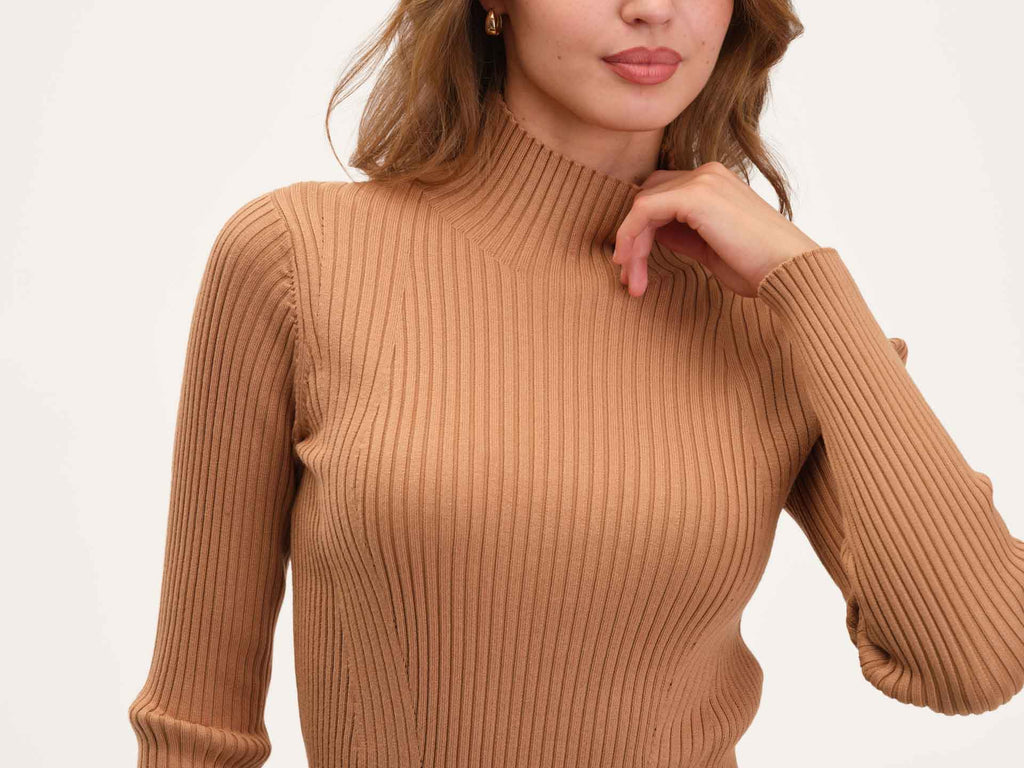 Shaped Rib Funnel Neck Sweater, Perfect Camel | Elie Elie Tahari