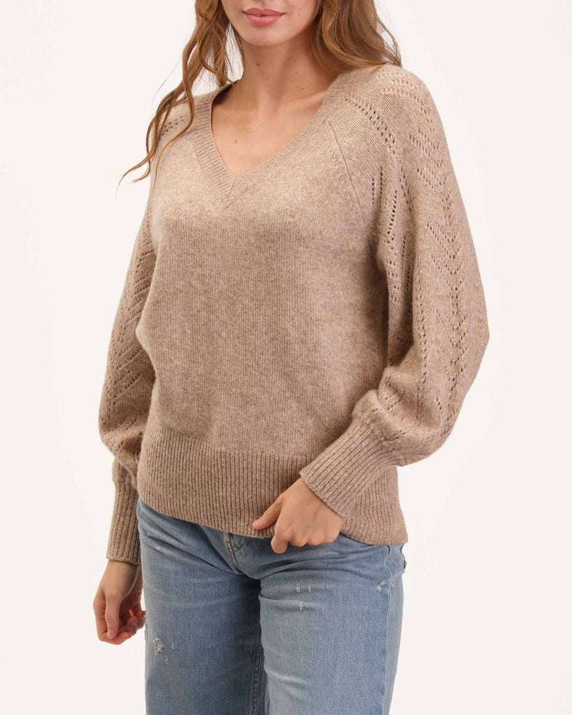 V-Neck Pointelle Sleeve Sweater, Neutral | Elie Elie Tahari